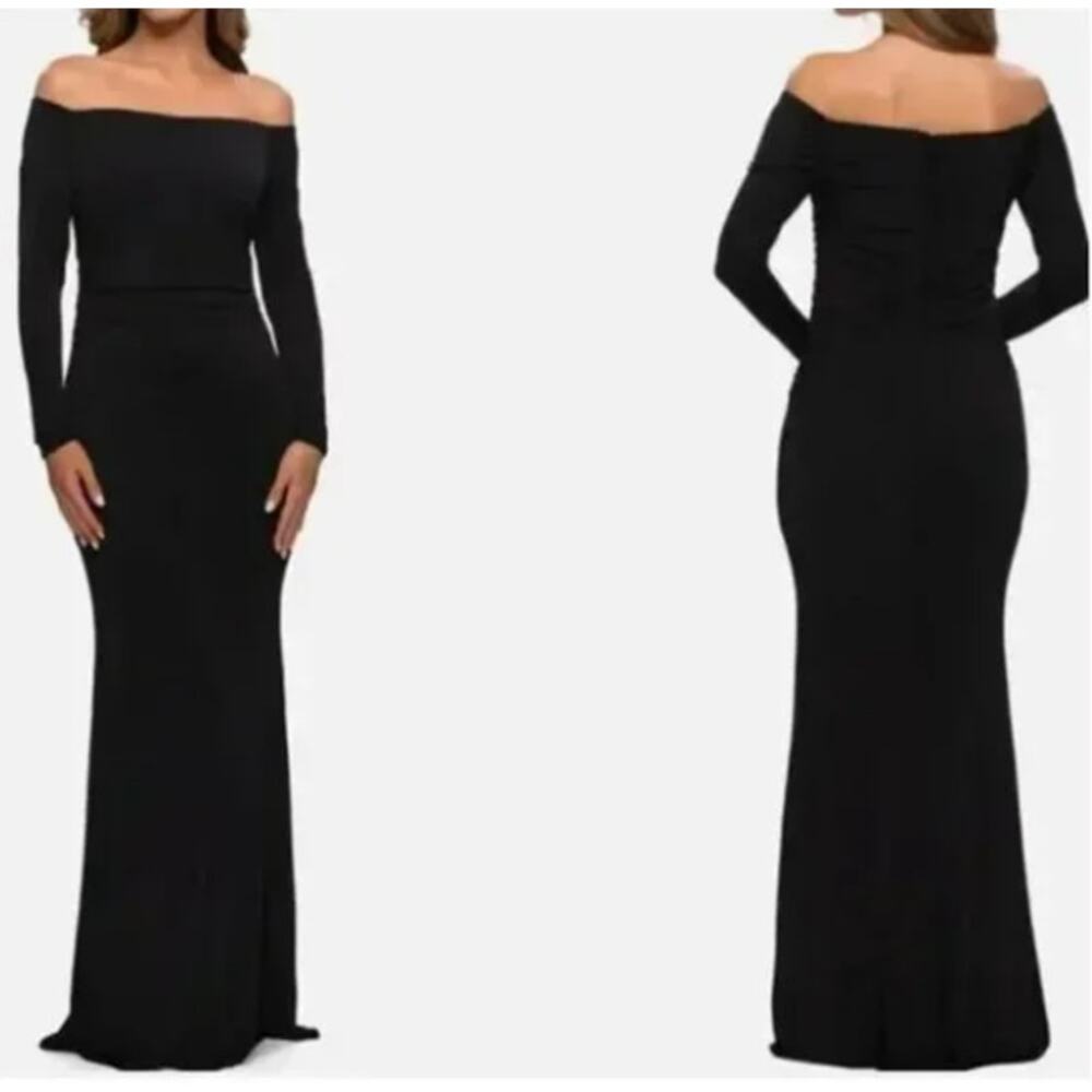 La‎ Femme Off the Shoulder Jersey Gown with Column Size 6